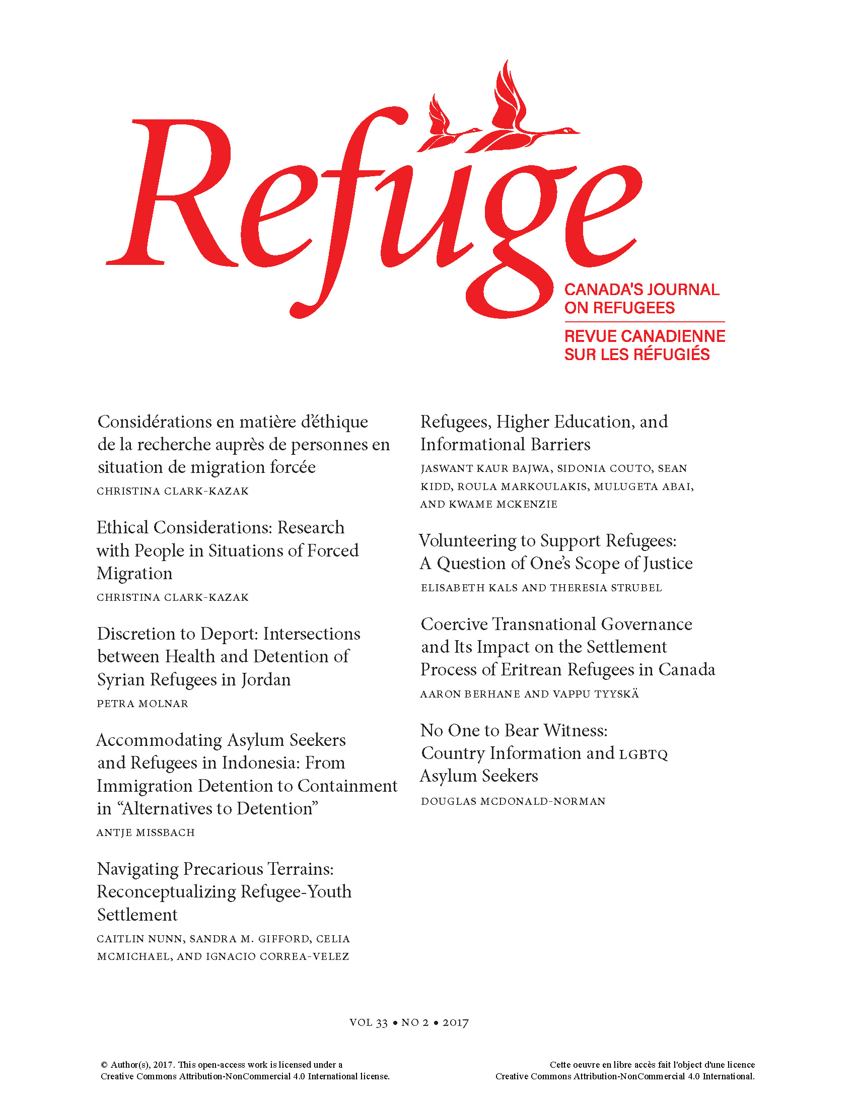 cover of Refuge general issue 33 no. 2 2017